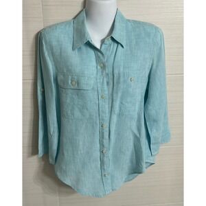Lauren Ralph Lauren Linen Button Down Shirt 3/4 Sleeve Top Aqua Blue